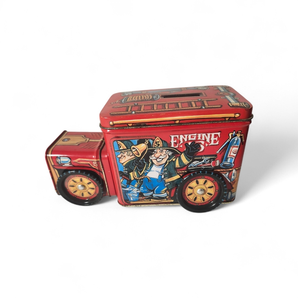 Vintage Red Fire Truck Toy Coin Bank Moving Wheels Collectible 7" X 4"
